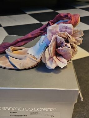 Gianmarco Lorenzi Blush Pink Suede Heels with Oversized Floral Accent